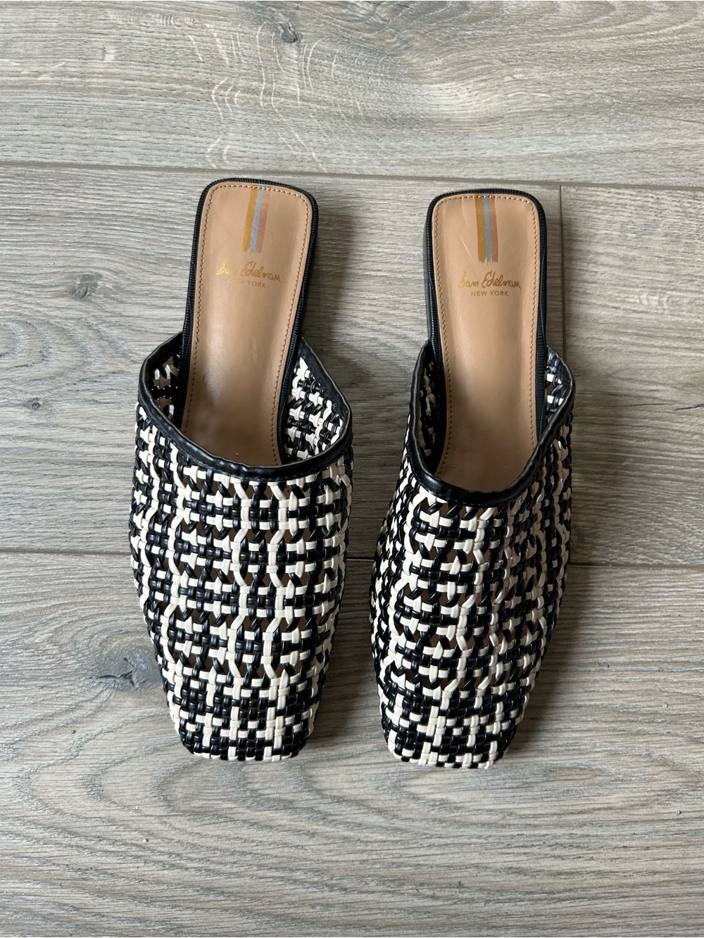 Sam Edelman Leona Black and Cream Woven Mules Size 8.5